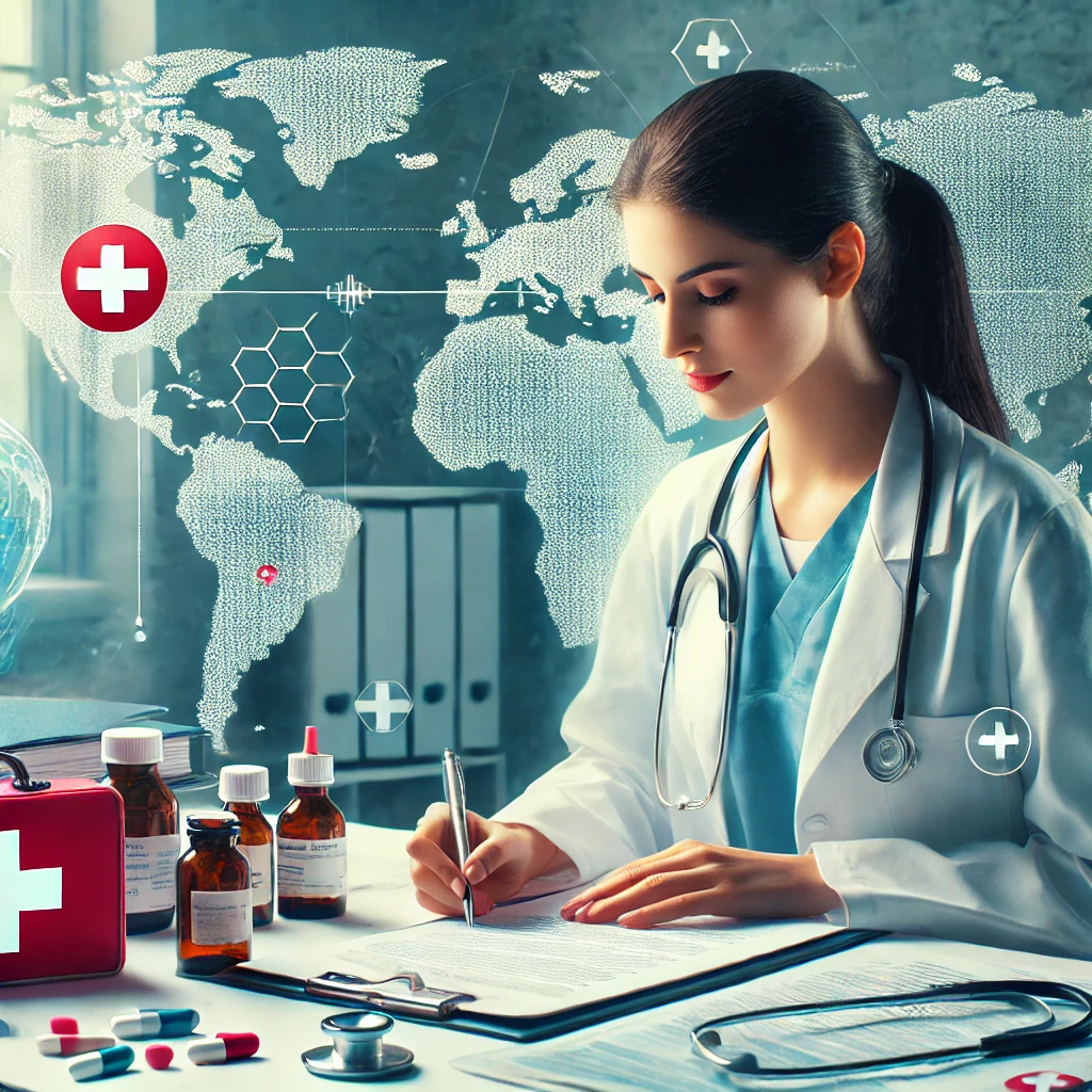 medical translator working with documents and medical equipment